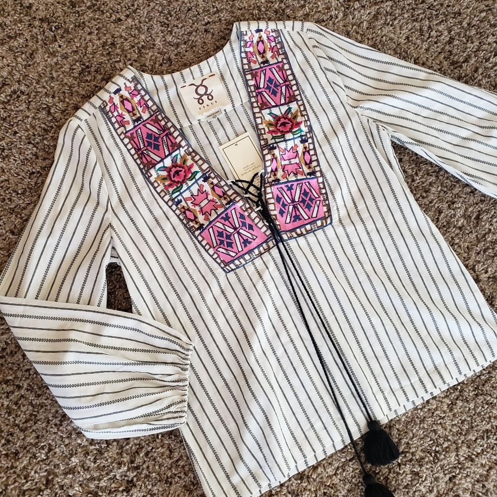 FIGUE Striped Blouse w/ Colorful Collar NWT